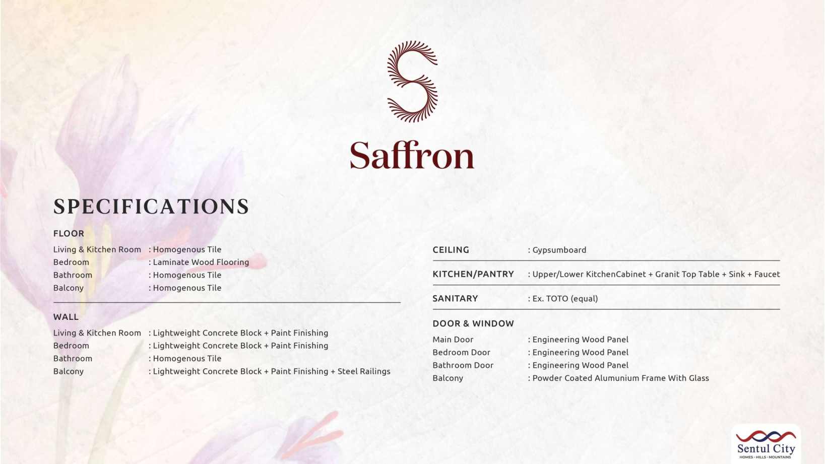 spek_saffron Saffron Apartment Sentul City – Apartemen Modern View Pegunungan